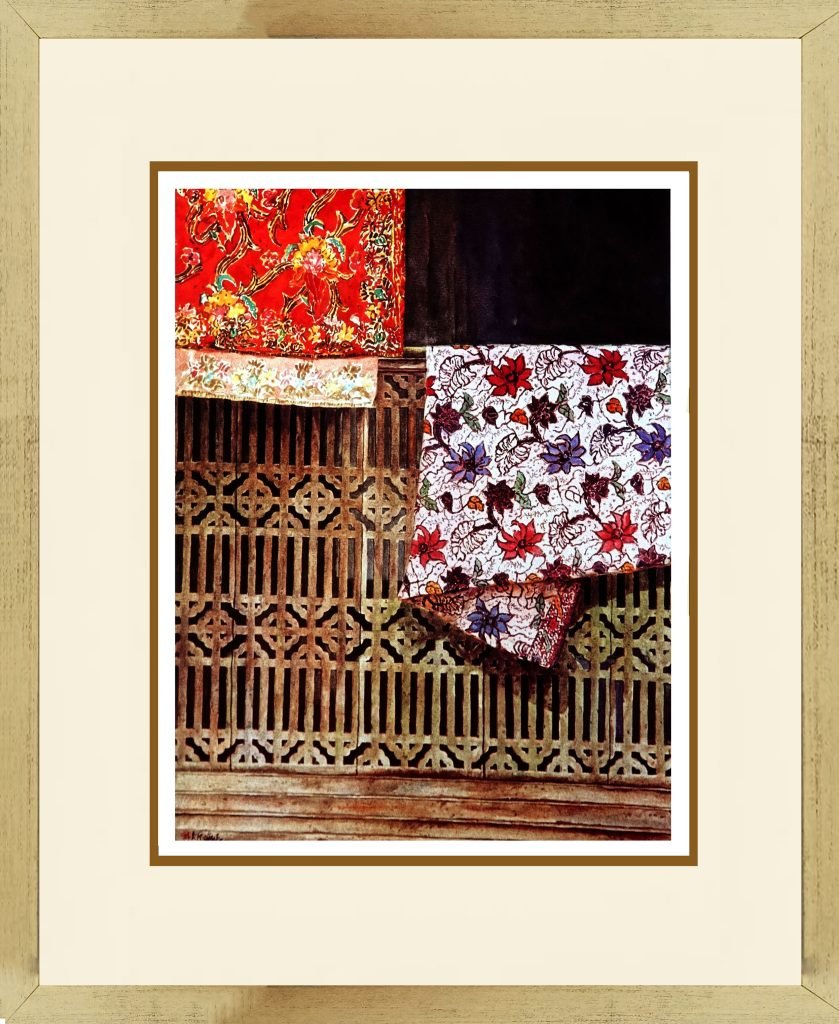 watercolour painting of red and flower malay culture designs batik fabrics by chang fee ming